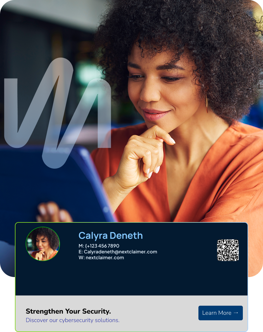 NextClaimer (E-Kache) corporate email signature with profile photo, QR code, and campaign banner